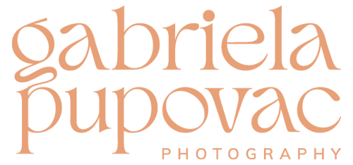 The logo displays "gabriela pupovac" in large, elegant, peach-colored serif font, with "PHOTOGRAPHY" in smaller uppercase letters beneath, all on a light background.