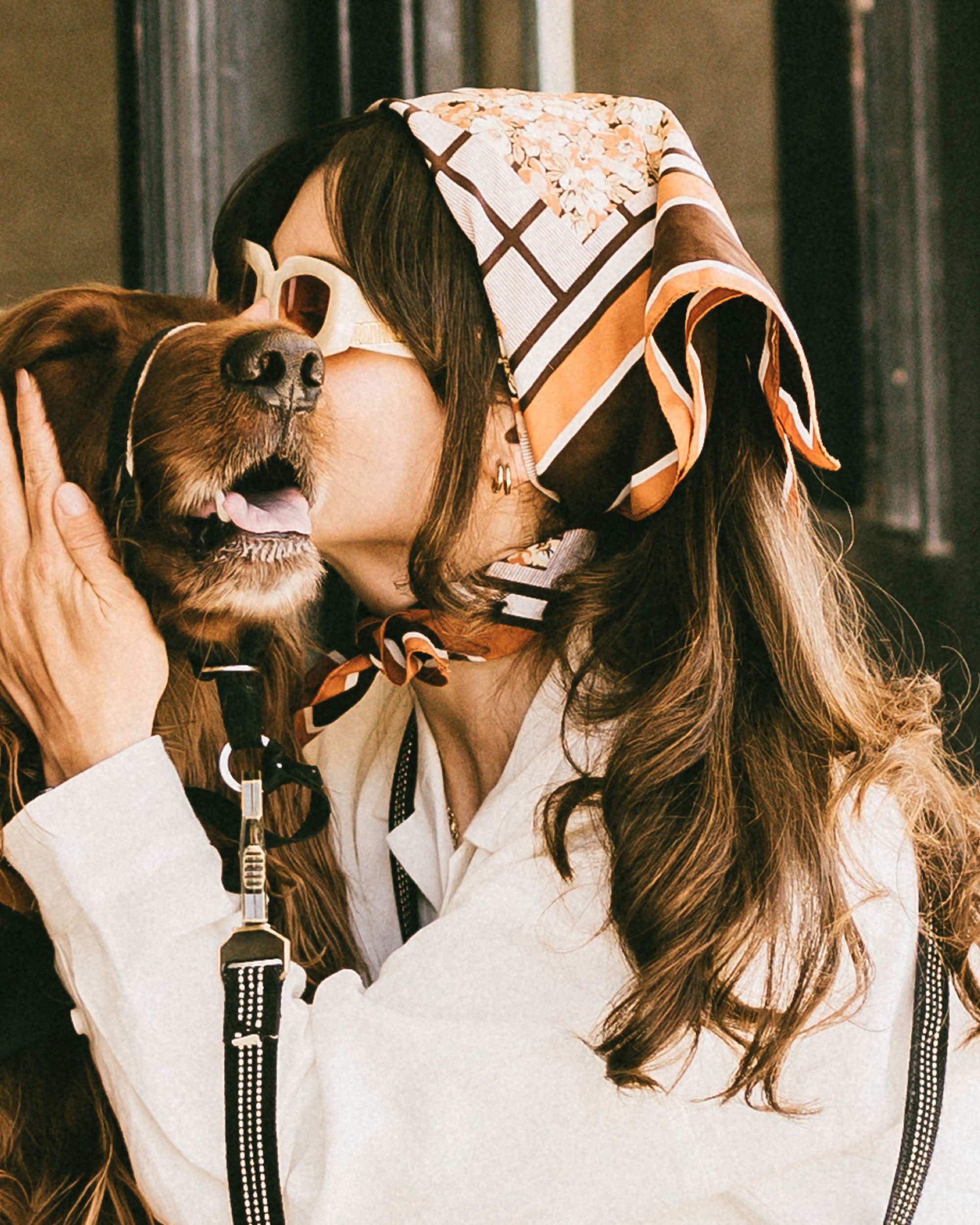 A woman wearing sunglasses and a patterned headscarf hugs and nuzzles a brown dog during their affectionate sessions together. The softly blurred background highlights their close bond.