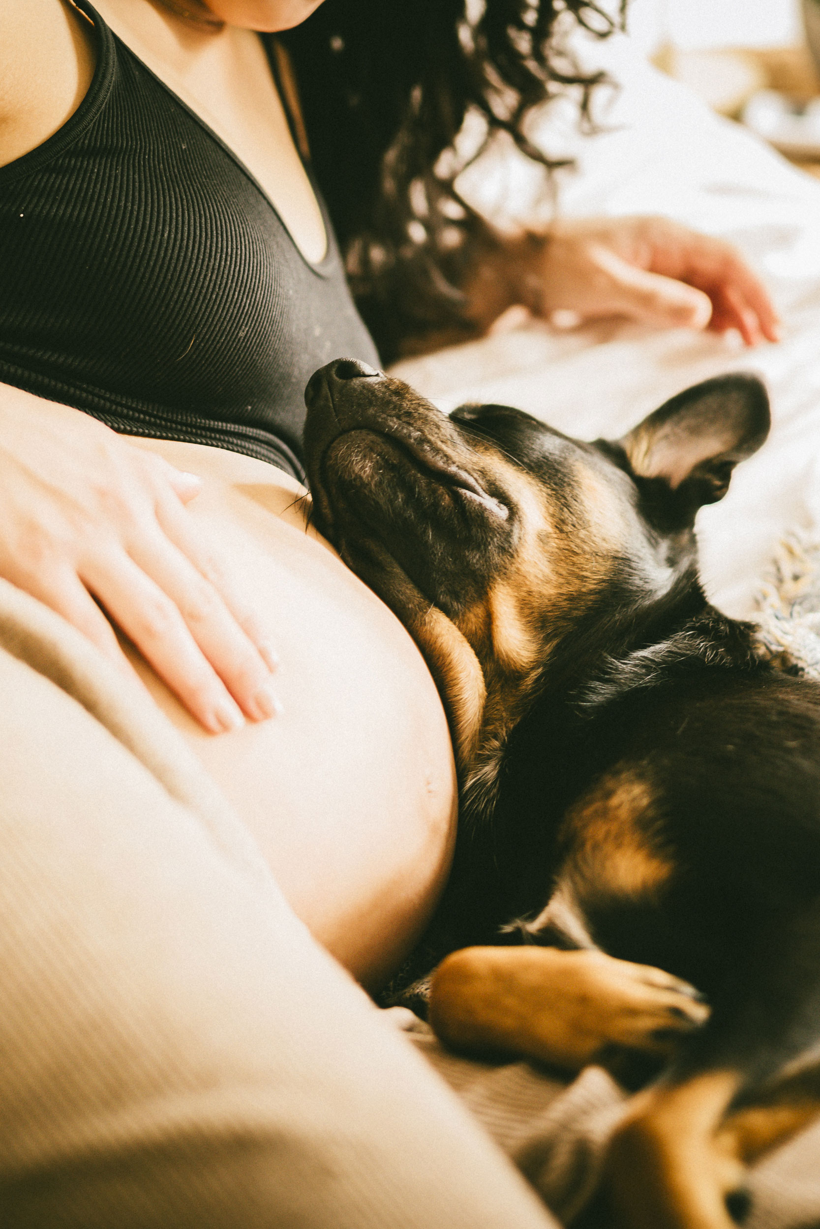 A dog rests its head gently on a pregnant woman's bare belly as she relaxes, her hand resting on her stomach. The scene is warm and intimate, highlighting a peaceful bond between the woman and her pet.