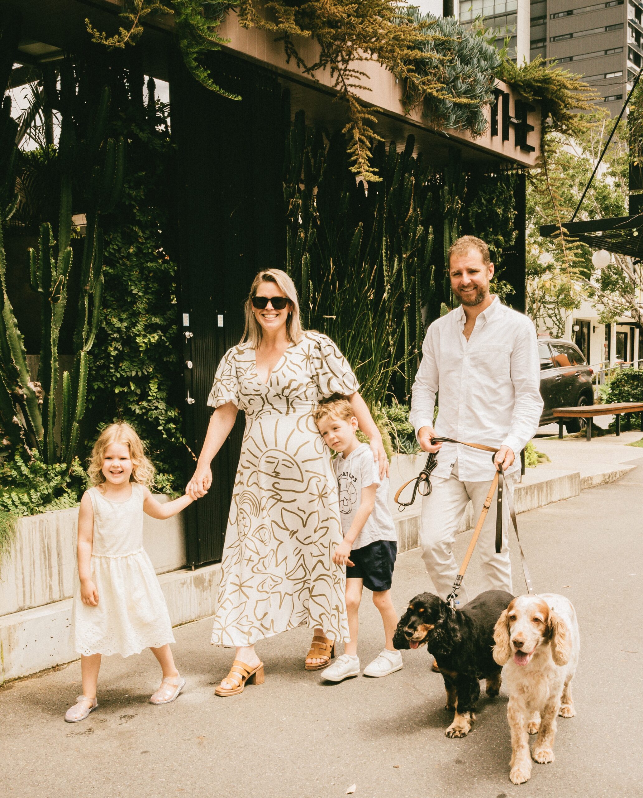 A family walking their 2 dogs in Queensland